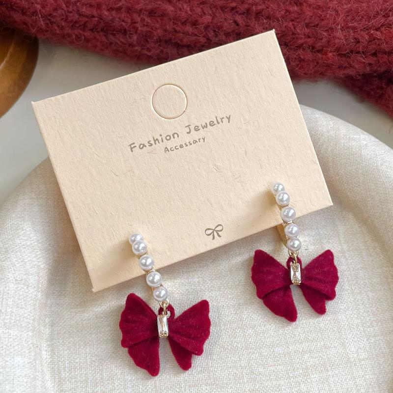 Cute Red Bow Flocking Earrings Simple Elegant Exquisite Sweet Festive Earrings Ear Studs Jewelry Accessories New Year Gifts