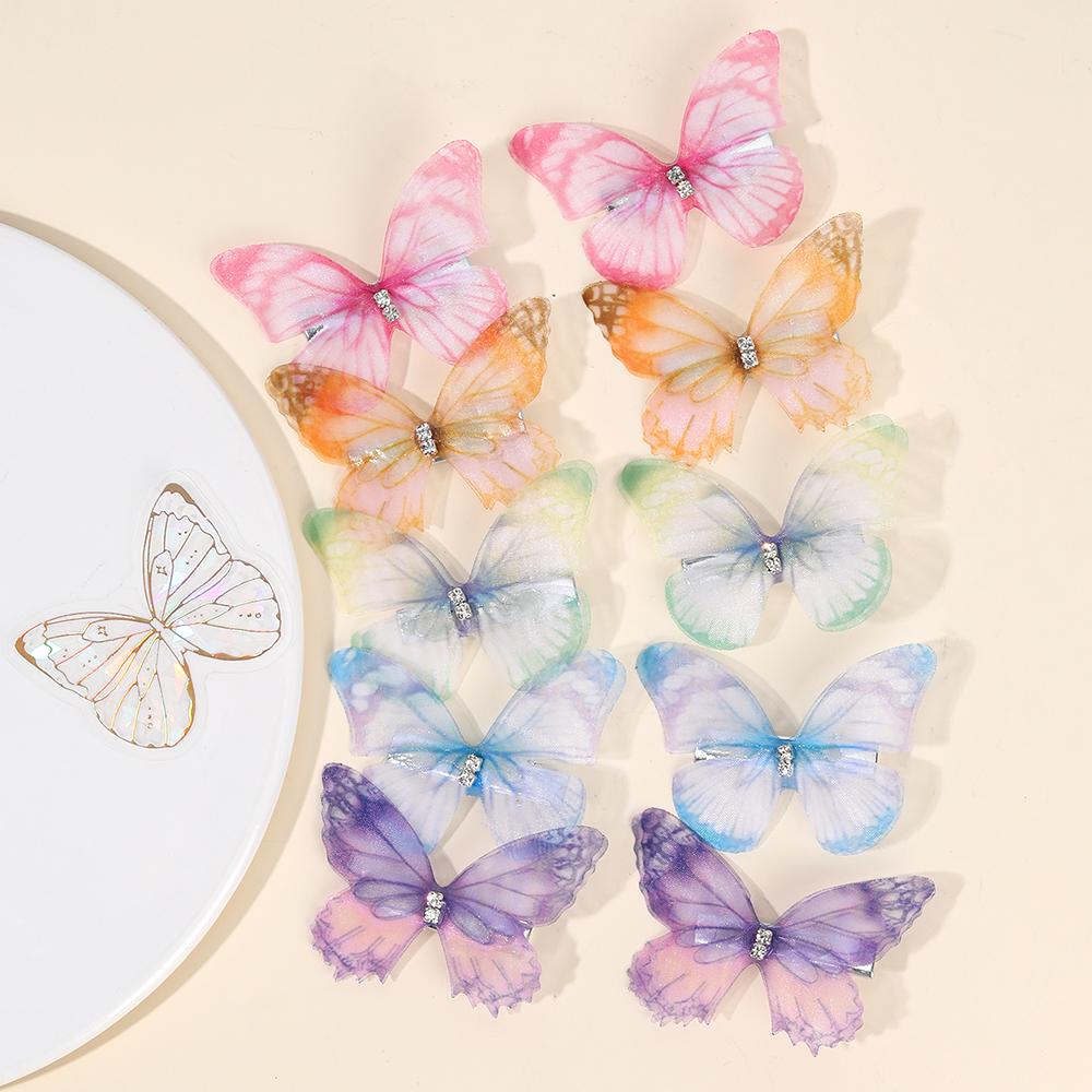 10Pcs Mesh Butterfly Hair Clips Sweet Rhinestone Hairpins Double-layer Giltter Barrette For Girls Kids Hair Accessories