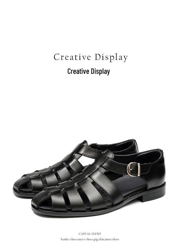 2025 New European and American Men's Genuine Leather Casual Flat Cowhide Sandals, Large Size