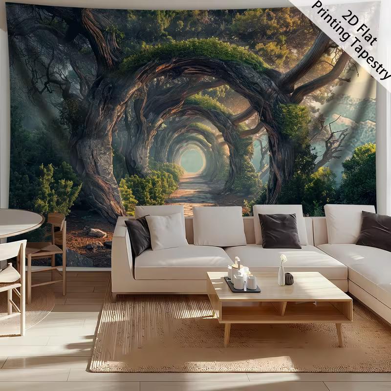 2D Fantasy Wald Wandteppich Mystischer Baum Bogen Kopfsteinpflasterweg Wandbehang