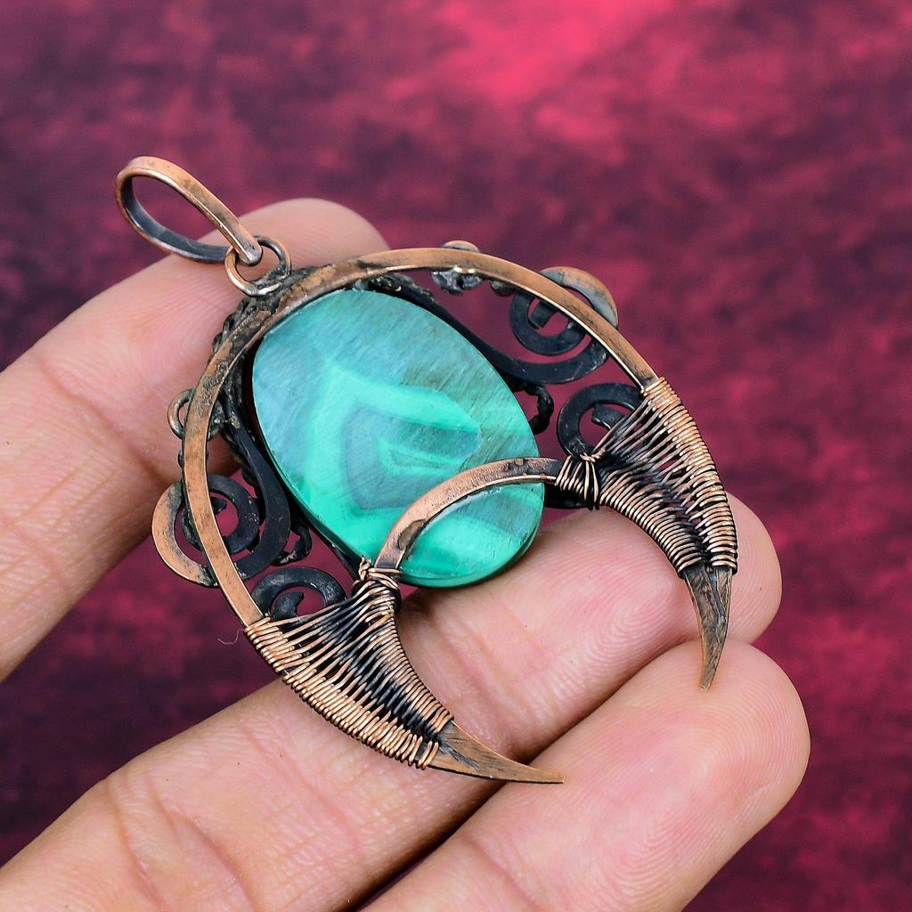 Malachite Pendant Genuine Gemstone Jewelry Copper Wire Wrapped Handmade Pendant