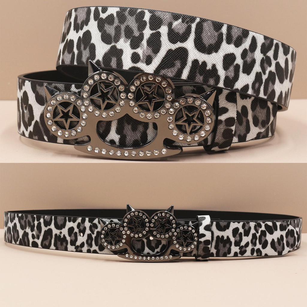 Y2K Leopard Print Rhinestone Tiger Claw Punk Women's Leather Belt