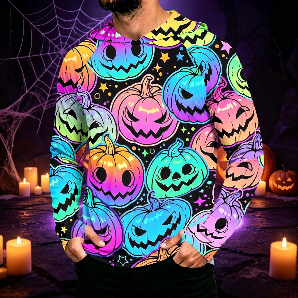 Men's Long Sleeve Sun Hoodie with Halloween Print for Outdoor Activities
