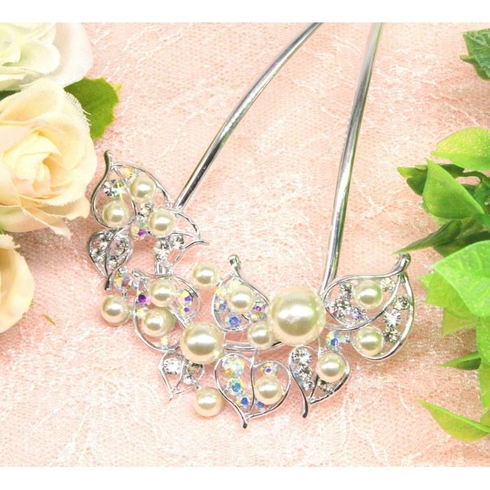 [Miaomyao] Hairpin U-Shape Hair Ornament Japanese Style Yukata Kimono Pearl Hair Comb Elegant Hair Accessory Silver Large Size