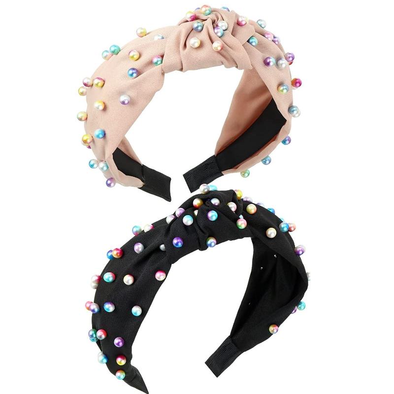 

2 шт. повязки на голову для женщин с завязками для девочек, красочные, украшенные драгоценными камнями, повязка для волос из искусственного жемчуга с крестообразным узлом, витой тюрбан, аксессуары для волос для девочек 2pcs