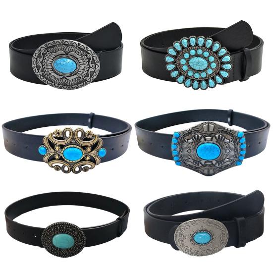 Retro Western Turquoise Belt with Distressed Silver Color Carved Buttons Natural Blue Turquoise Rodeo Style Cowboy Cowgirl Waistband