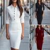 Damen Herbst Langarm Bodycon Arbeitskleid Revers Knopfleiste Formelles Kleid Midi Business Büro Etuikleid Bleistiftkleid