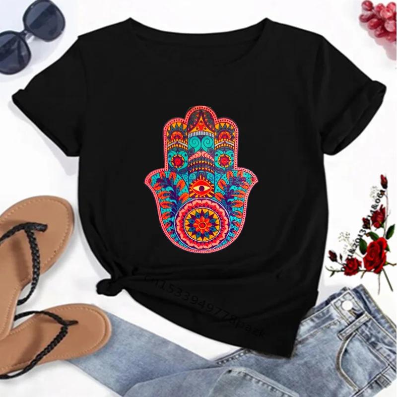 Camisetas con estampado de la mano de Fátima de Hamasa para mujer, camisetas Unisex Harajuku de la mano de Hamsa de la suerte, camisetas negras de manga corta para verano para mujer