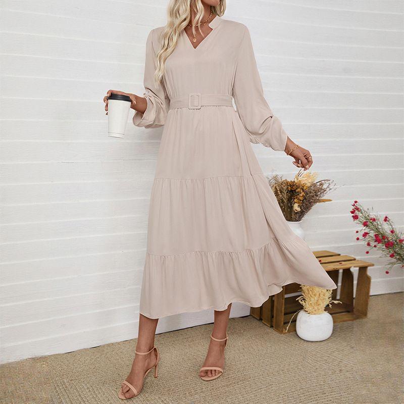 

New Arrival Commute Leisure Minimalist Elegance Stand Collar Long Sleeves Pure Color Long Dress with Belt Apricot S