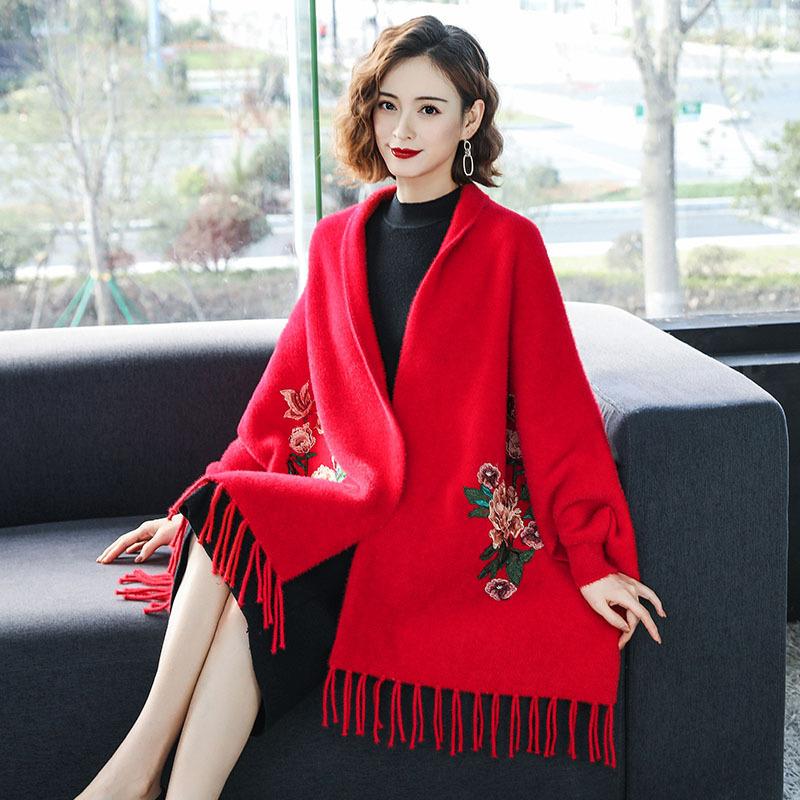 Autumn and winter thickened faux mink fur shawl for women, cape to be worn over a cheongsam, embroidered fringed coat, warm scarf with sleeves