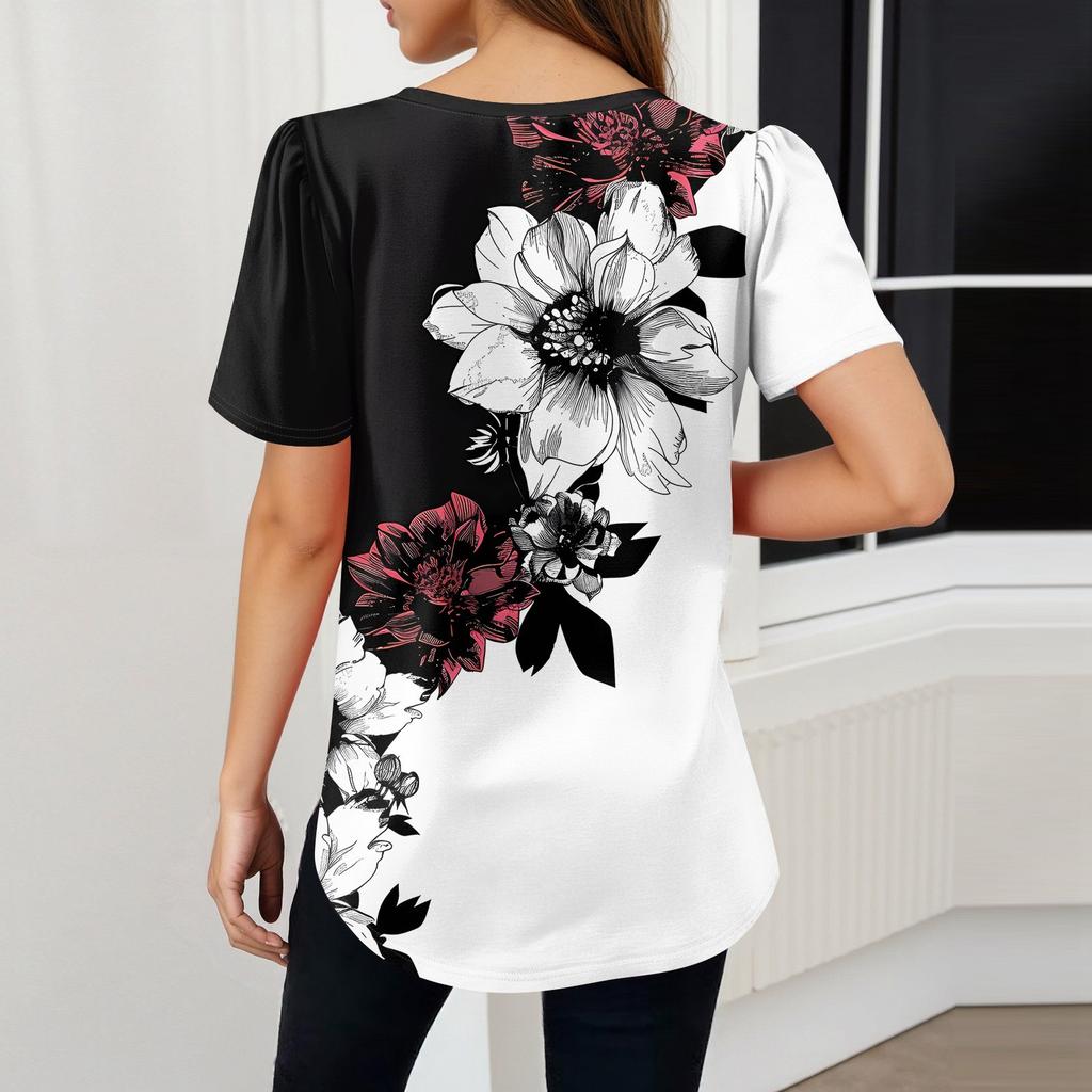 Women's Fashionable Casual Short Sleeve Print V-Neck Pullover Top