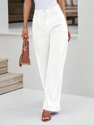 Damen Jeans mit hoher Taille, weitem Bein, Stretch-Denim, Baggy, lockere Passform, mit Taschen