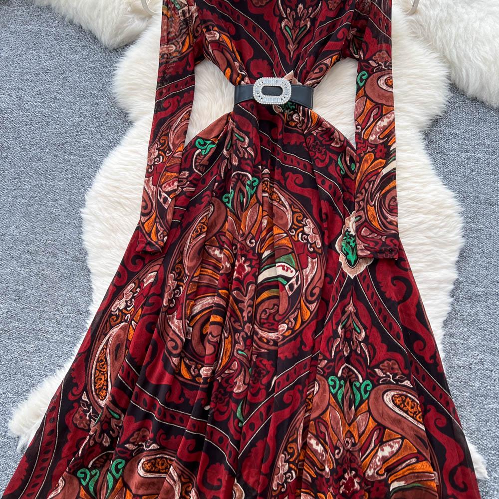 Chic sexy print mesh Ruched dress long sleeve Fairy Casual A-line autumn winter  Vestidos Women Party dress