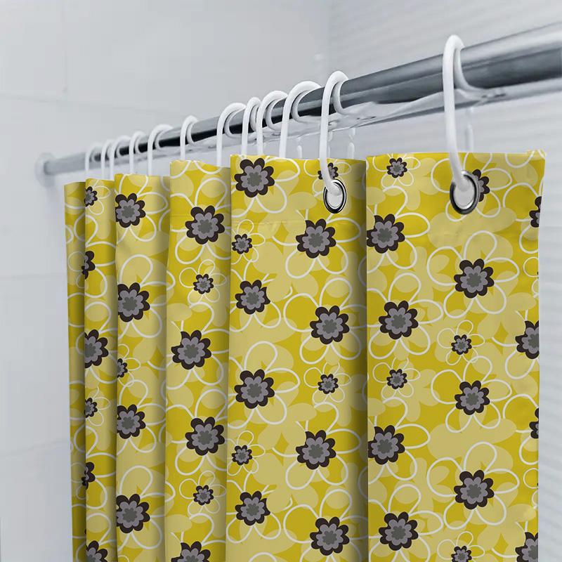 Bright Yellow Floral Print Shower Curtain Water-Resistant Fabric Decorative Bathroom Window Panel With Hooks Available In Variou
