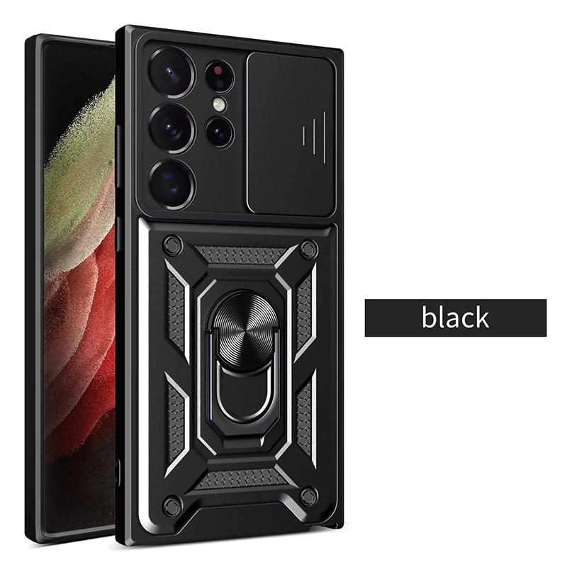 Nárazuvzdorné pancierové puzdro pre Samsung Galaxy S23 S20 S21 S22 S24 Ultra Plus FE S držiakom na magnetický krúžok do auta Kryt s posuvným chráničom objektívu