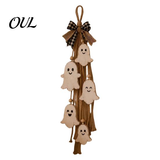 Cute Ghost Gift for Home Halloween Rustic Wall Hanging Decor with Wood Beads & Hemp Rope, Farmhouse Easy To Hang Porch Pendant Living Room Bedroom And