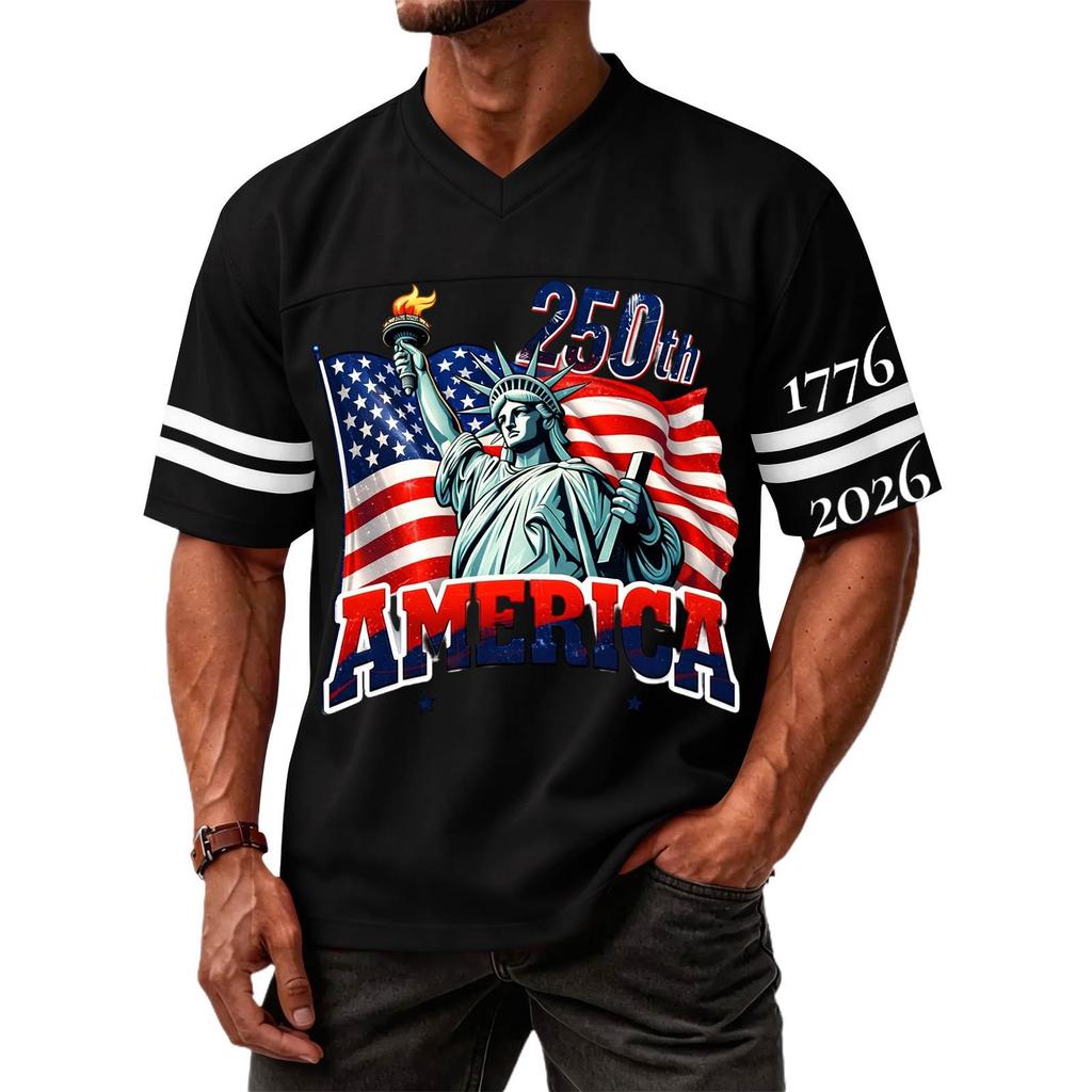 Men's Casual V Neck Jersey 250th America Independence Day Printed Short Sleeve Sports T Shirt Top with Lettering