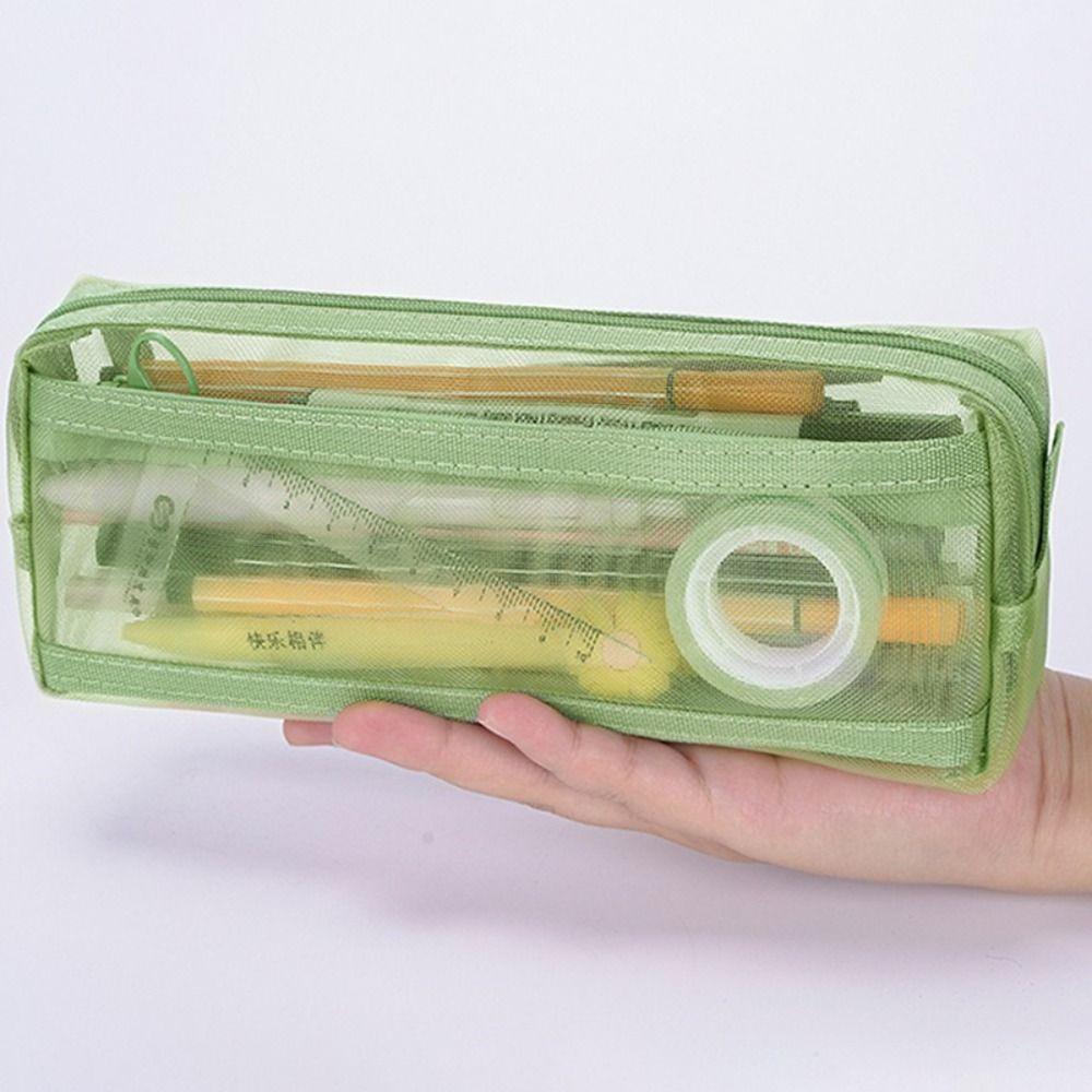 Transparent Pen Bag Mesh Stationery Organizer Portable Pencil Case School Office