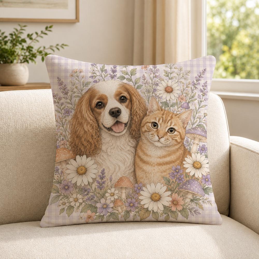 art heartwarming pet portraits surrounded by flowers Cushion Cover Soft Short Plush SkinFriendly Cushion Case MultiScene Use