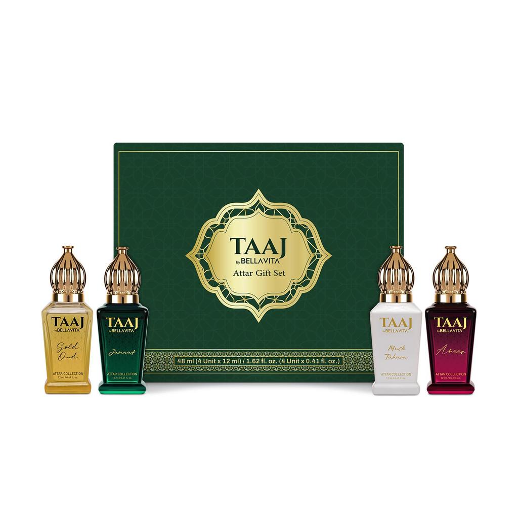 Taaj Attar | Langanhaltendes Unisex-Geschenkset für Mann und Frau 4x12ml | Karamell, Zitrone, Zimt und Moschus | Alkoholfrei | Oud, Blumig, Moschus |