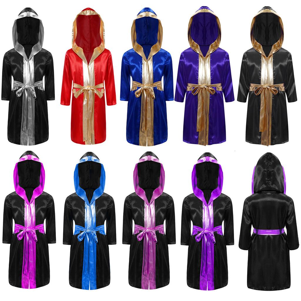 Bambini Ragazzi Boxe Vestaglia Boxer Costume Cosplay Manica Lunga Rifiniture Metalliche Raso Mantello Con Cappuccio Kickboxing Abito per Festa di Halloween
