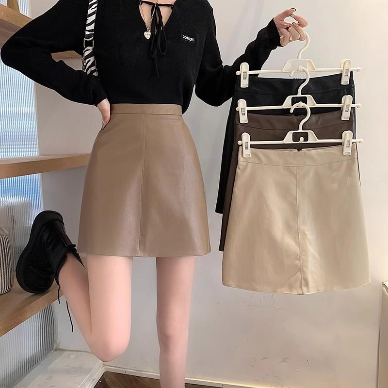 

Plus Size Khaki PU Leather A-Line Mini Skirt for Women - Autumn Bodycon Anti-Exposure Spicy Girl Style S [Recommended 81-90 lbs]