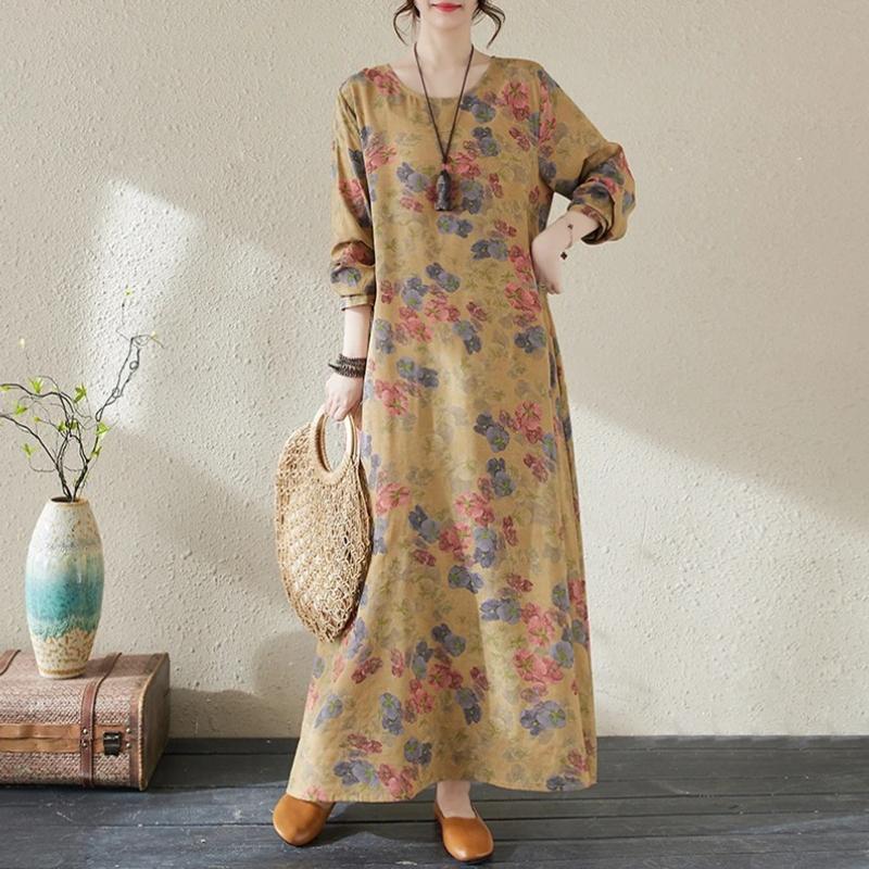 Spring Cotton Vintage Long Sleeve Print Dresses For Women Casual Loose Dress Femme Robe Vestidos Elegant Clothing