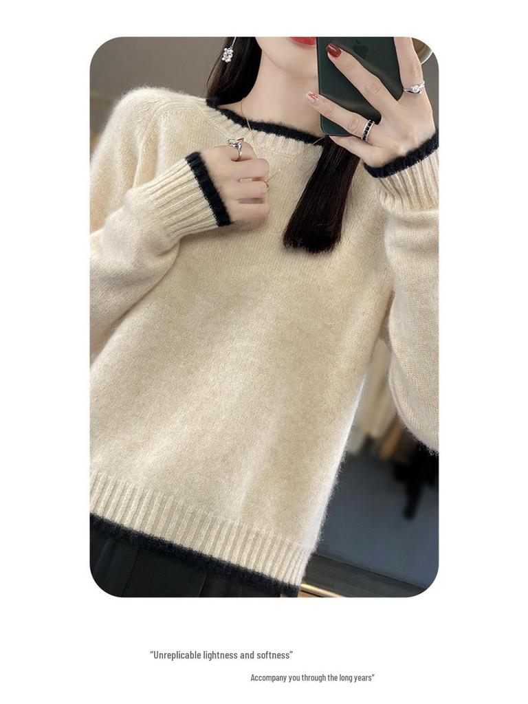 Damen Colorblock Rundhals Schlankmachender Wollstrick Pullover & Basisschicht