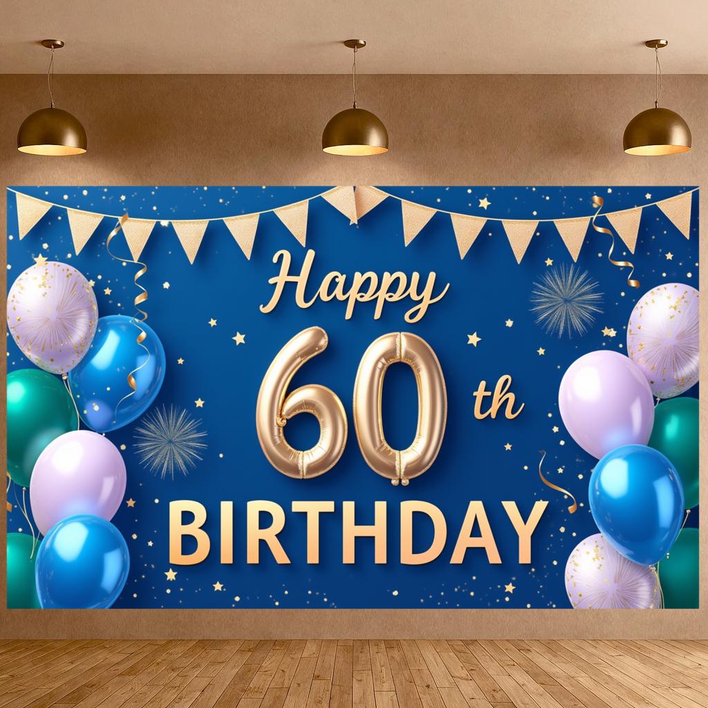 60th Birthday Banner Blue & Green Color Scheme Milestone Birthday Backdrop Milestone Birthday Banner Luxurious For Adult