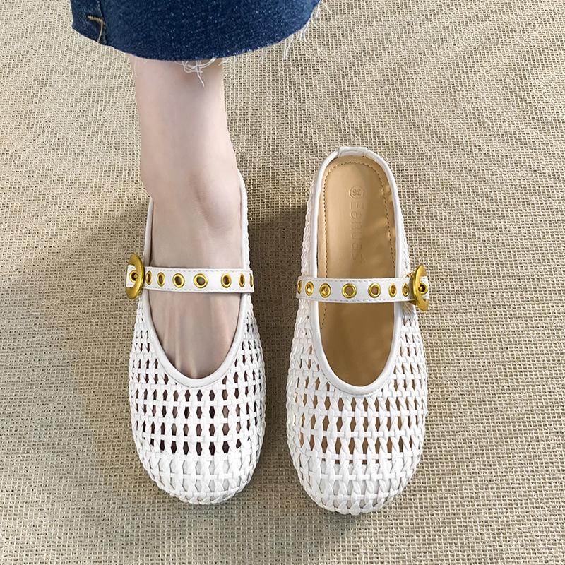 

One word with metal buckle outside wear breathable bag head sandals women s round head woven hollow half slippers 35