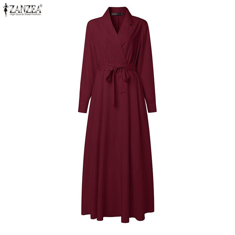 ZANZEA Damen Revers Elegant Langarm Lässig A-Linie Langes Kleid