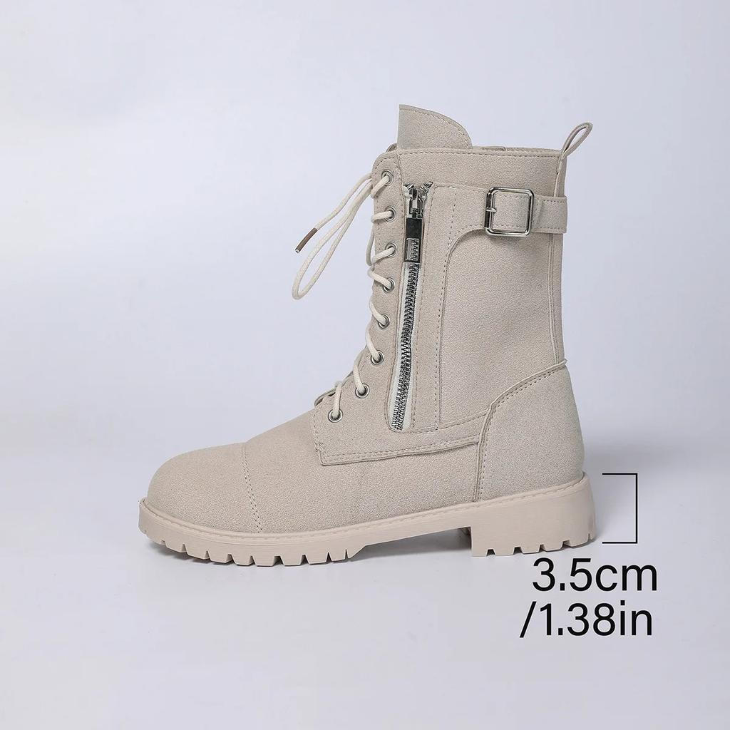 Fashion Mid-Calf Women Boots 2025 Autumn/Winter Round-Toe Fashion Belt Buckle Black Side Zipper Fashion Botas Retro Women Shoes Platform