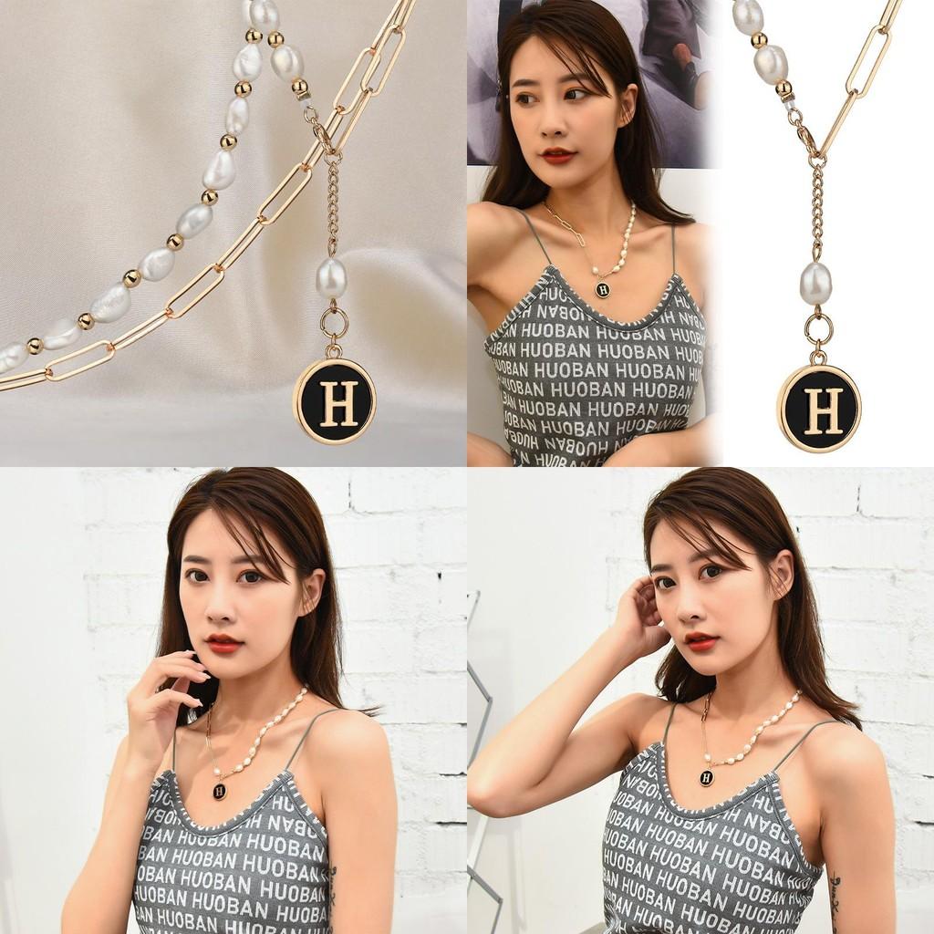 Elegant Korean Style Pearl Letter H Tassel Titanium Steel Necklace For Women And Men
