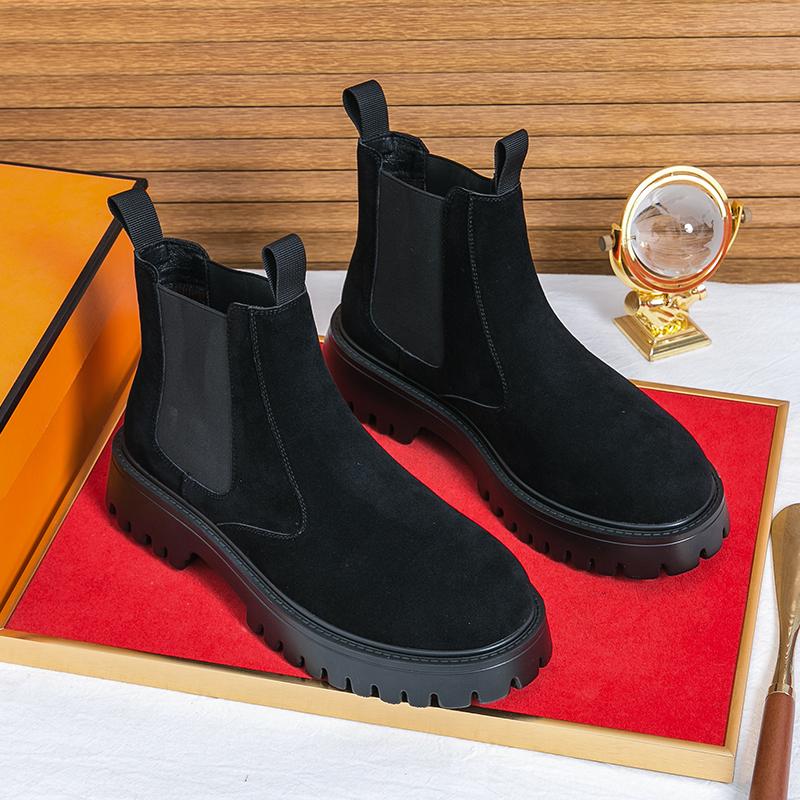 Fashion New Chelsea Boots, Slip-resistant and Durable Mid-calf British Style Thick-soled Heightening Genuine Leather Men's Boots