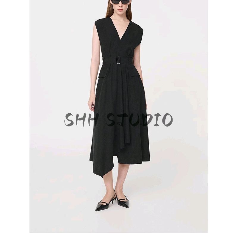 Spring and Summer New Arrival Women's Clothing Minimalist Style V-neck Lace-up Asymmetrical Hem High Waist A- Line Dress 87064801