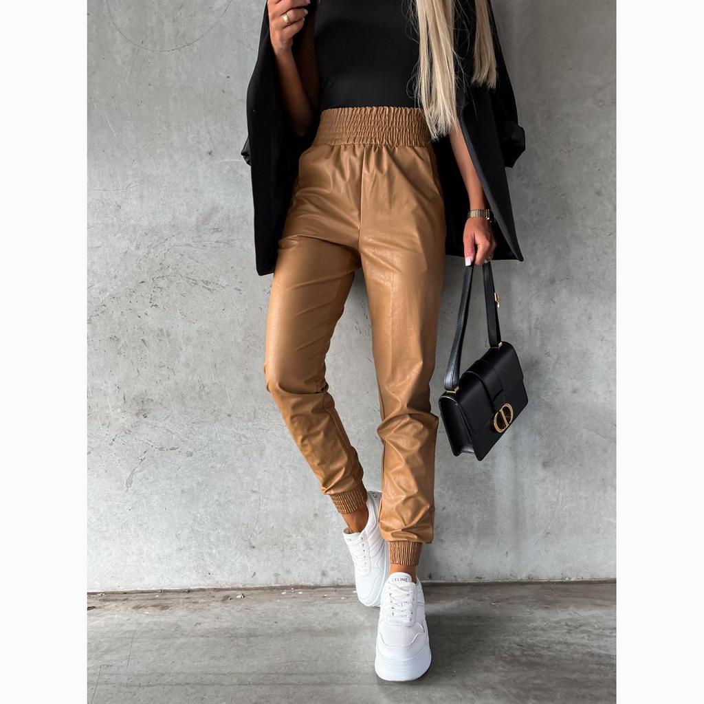 Street Trend High-Waist Leather Pants for Women - European & American Motorcycle Style, Autumn/Winter Fashion