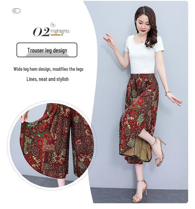 Women's Floral Cotton Silk Wide-Leg Skirt Pants - Summer Casual Elastic Waist, Plus Size, Lightweight Seven-Point Length.