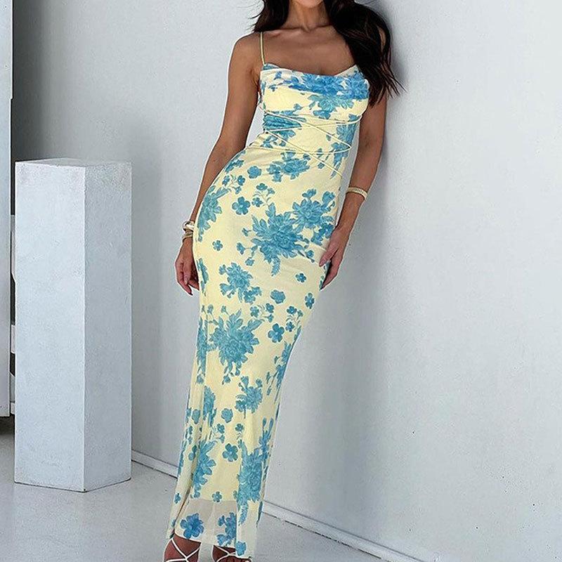 Frühling Neue Damen Sexy Temperament Träger und Hüftrock Floral Schlankes Kleid