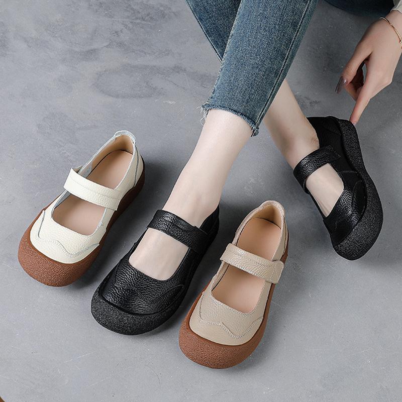 Genuine Leather Mary Jane Flats Women's Luxury Wide Width Shoes Autumn Woman Vintage Flat Moccasins Thick Durable  Loafers