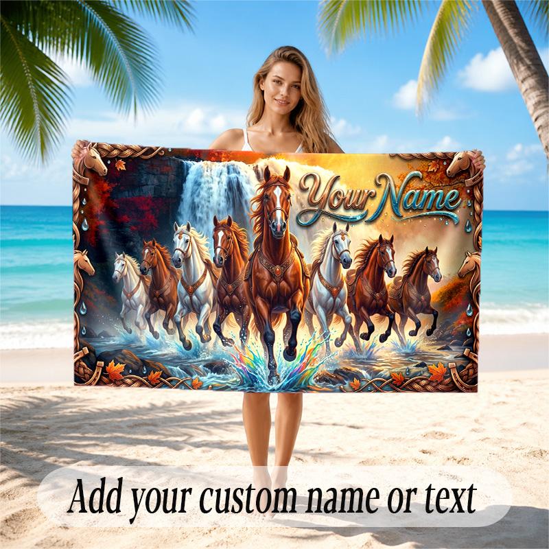 Horse Theme Quick Dry Beach Towel Custom Name Text Print Large Sand Resistant Towel Beach Vacation