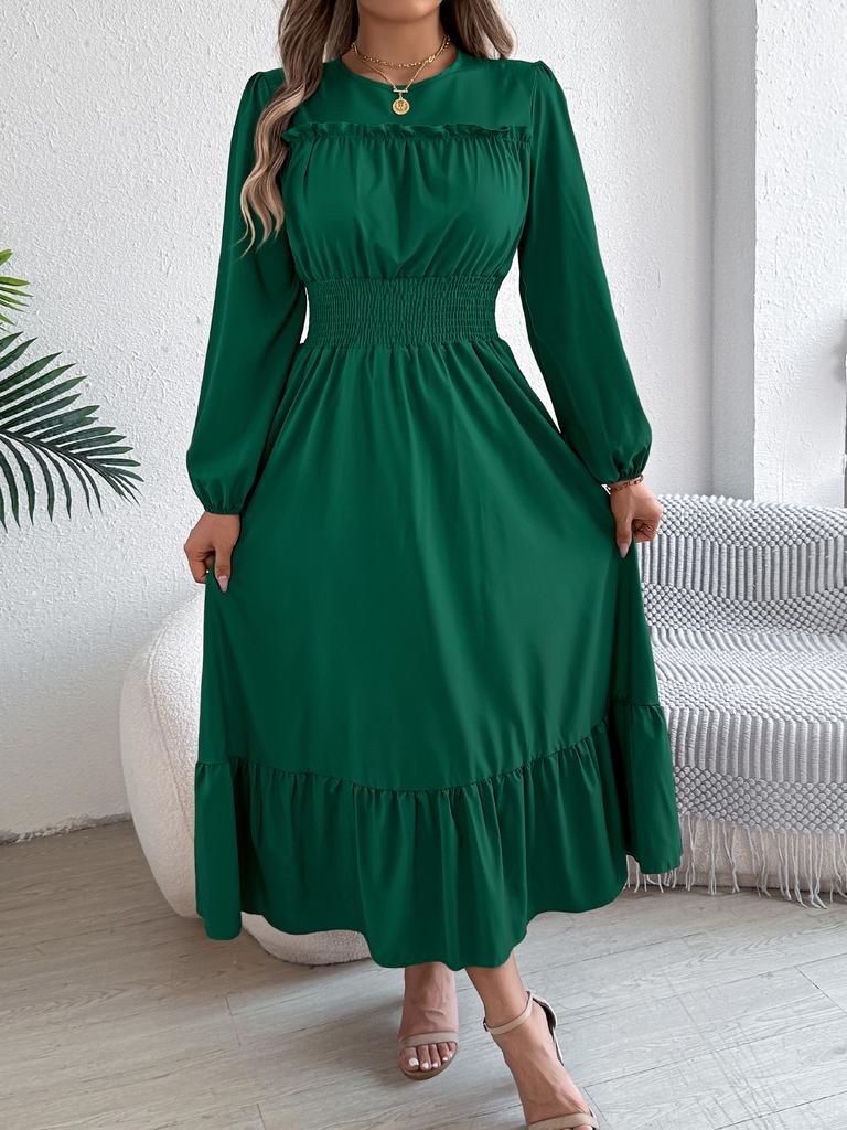 Women's Round Neck Ruffle Smocked Waist Maxi Dress Puff Long Sleeve A Line Tiered Casual Party Dress