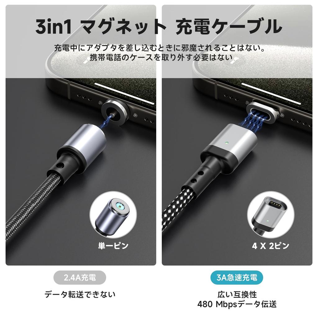 USB Magnetic Charging Magnetic 3A Fast Charging Data Transfer for Android Micro and USB Charging Black Cable, 2M+1.2M+1.2M+0.5M/9 Connectors, Cable,