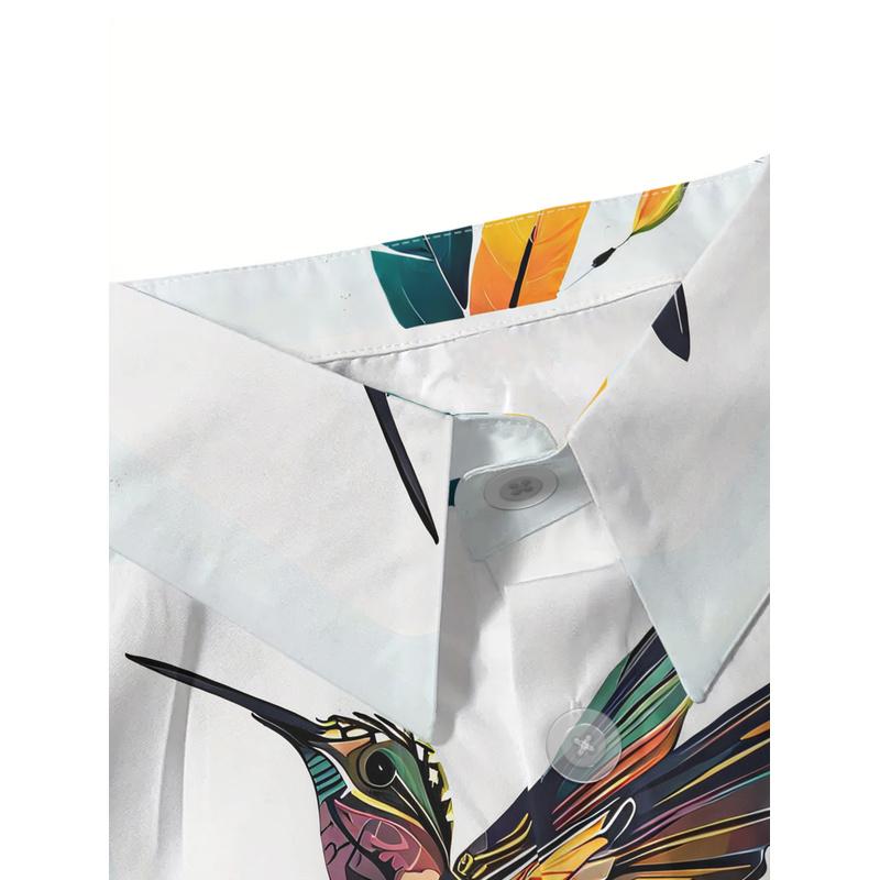 Women's Casual Short Sleeve Button-Up Shirt Colorful Hummingbird Multi-Colored Leaves Pattern Machine Washable Fashionable Top