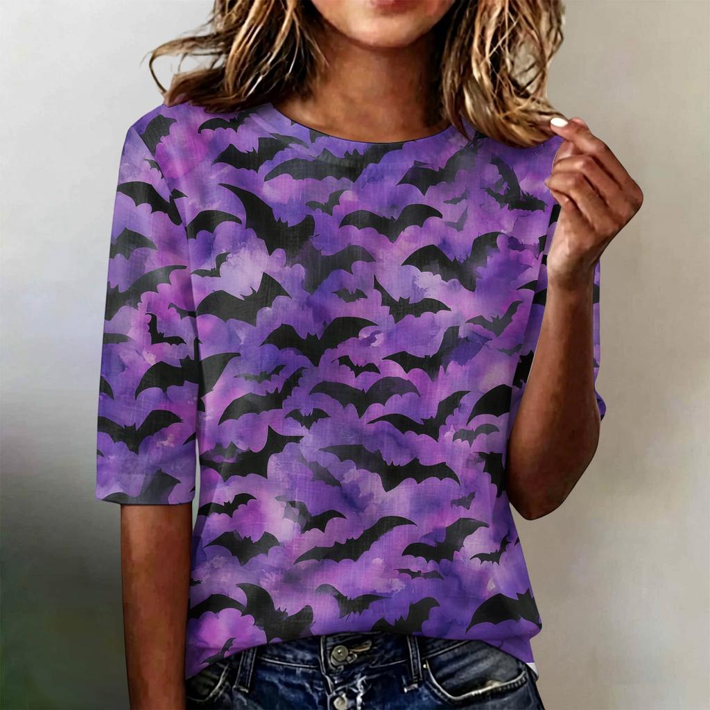 Women's Casual Loose Fit Half Sleeve Top Round Neck Lightweight Comfortable Shirt with Pumpkin Print Suitable for Everyday Wear