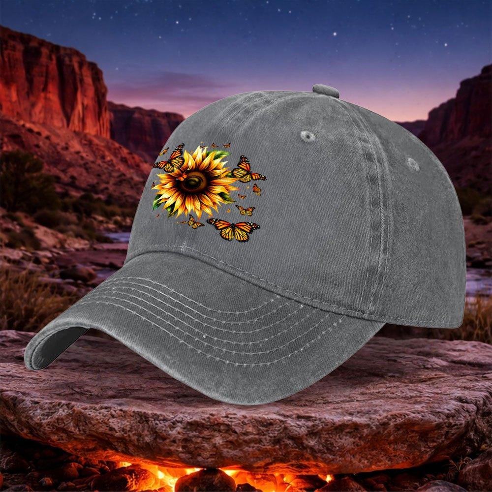 Vintage Sunflower Butterfly Baseball Cap Unisex Lightweight Washed Hat Hook Loop Closure for Unisex Women Outdoor Sports Camping