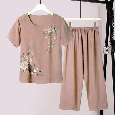 Ensemble de vêtements de maison pour femmes, tenue imprimée ronde, couleur unie, T-shirt Floral, pantalon, col à manches courtes, 2 pièces/ensemble