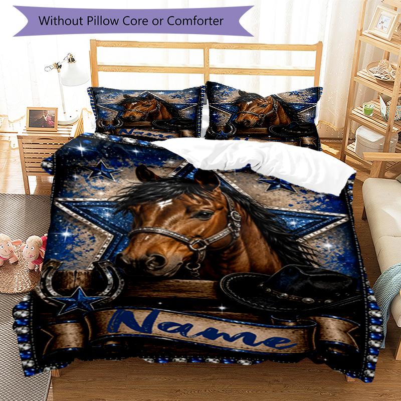 3pcs Custom Name Horse Bedding Set Duvet Cover Closure Includes 1 Duvet Cover & 2 Pillowcases, Soft and Comfortable for All Seasons.