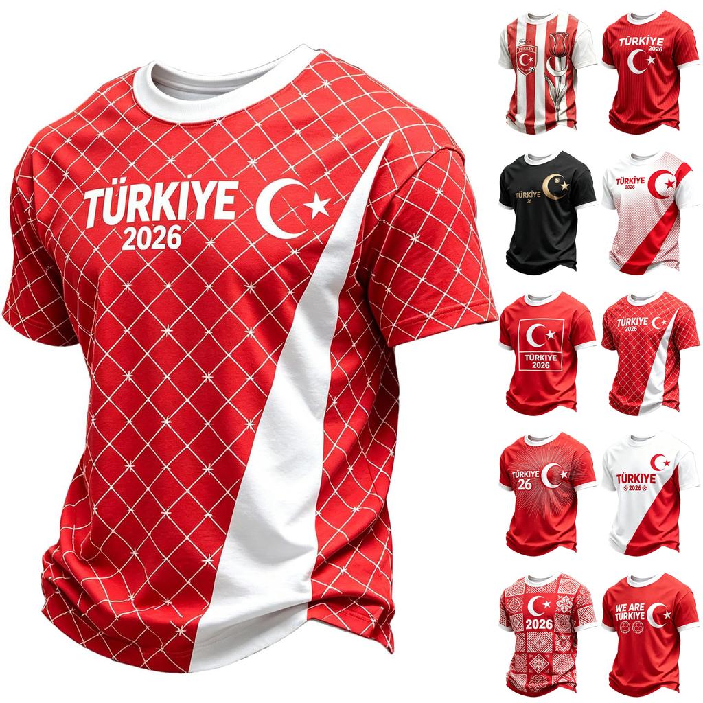 Men's Casual Crew Neck Short Sleeve Pullover T-Shirt with Football Fan Graphic Print World Cup Supporter Top Turkey Design
