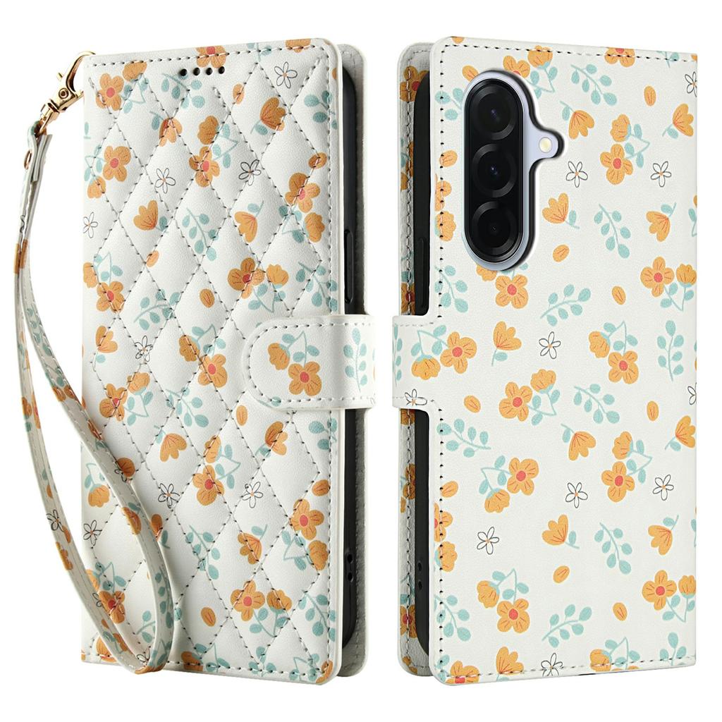 For Samsung Galaxy A16 5G/A16 4G Wallet Case Rhombic Floral Design Leather Flip Phone Cover with Strap