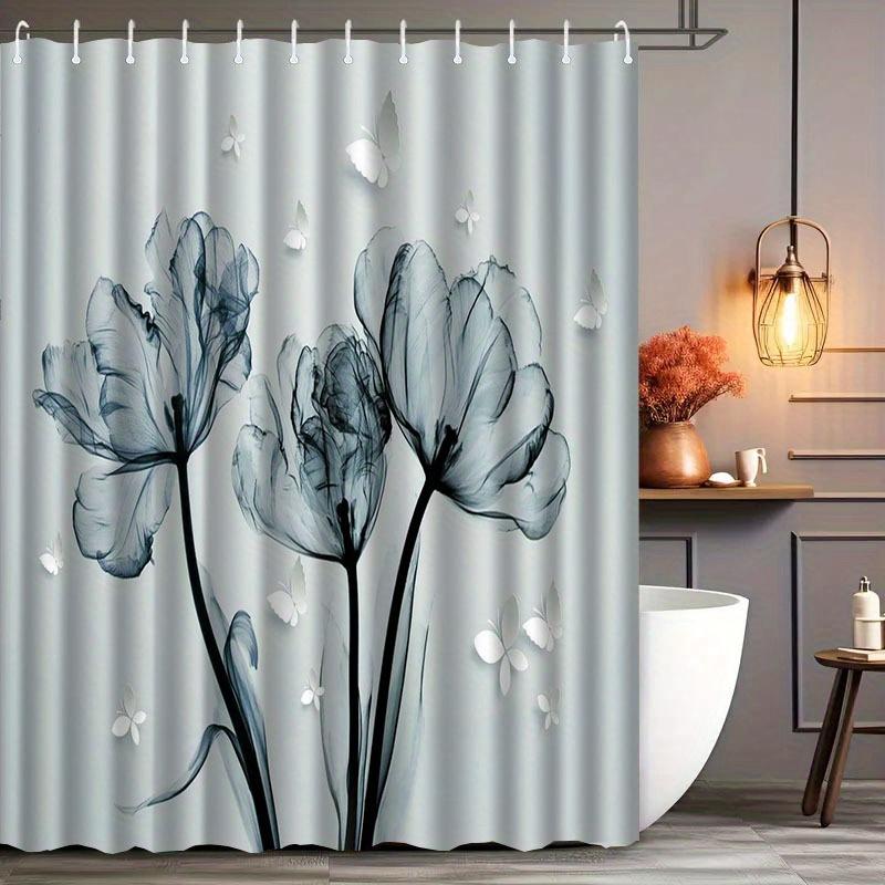 1pc Elegant Blue Flower Shower Curtain with Hooks - Artistic Floral Design for Bathroom Decoration, Suitable for Home and Hotel